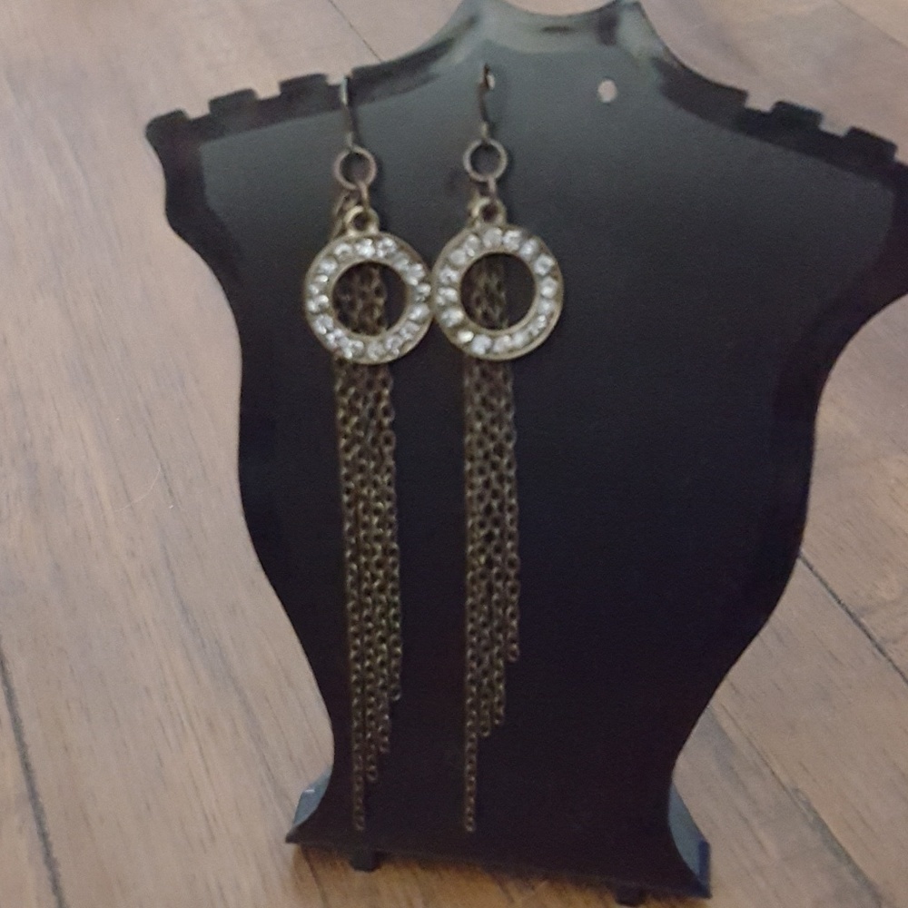 Dangle Earrings Rhinestone Circle Chain Fringe Dr… - image 2